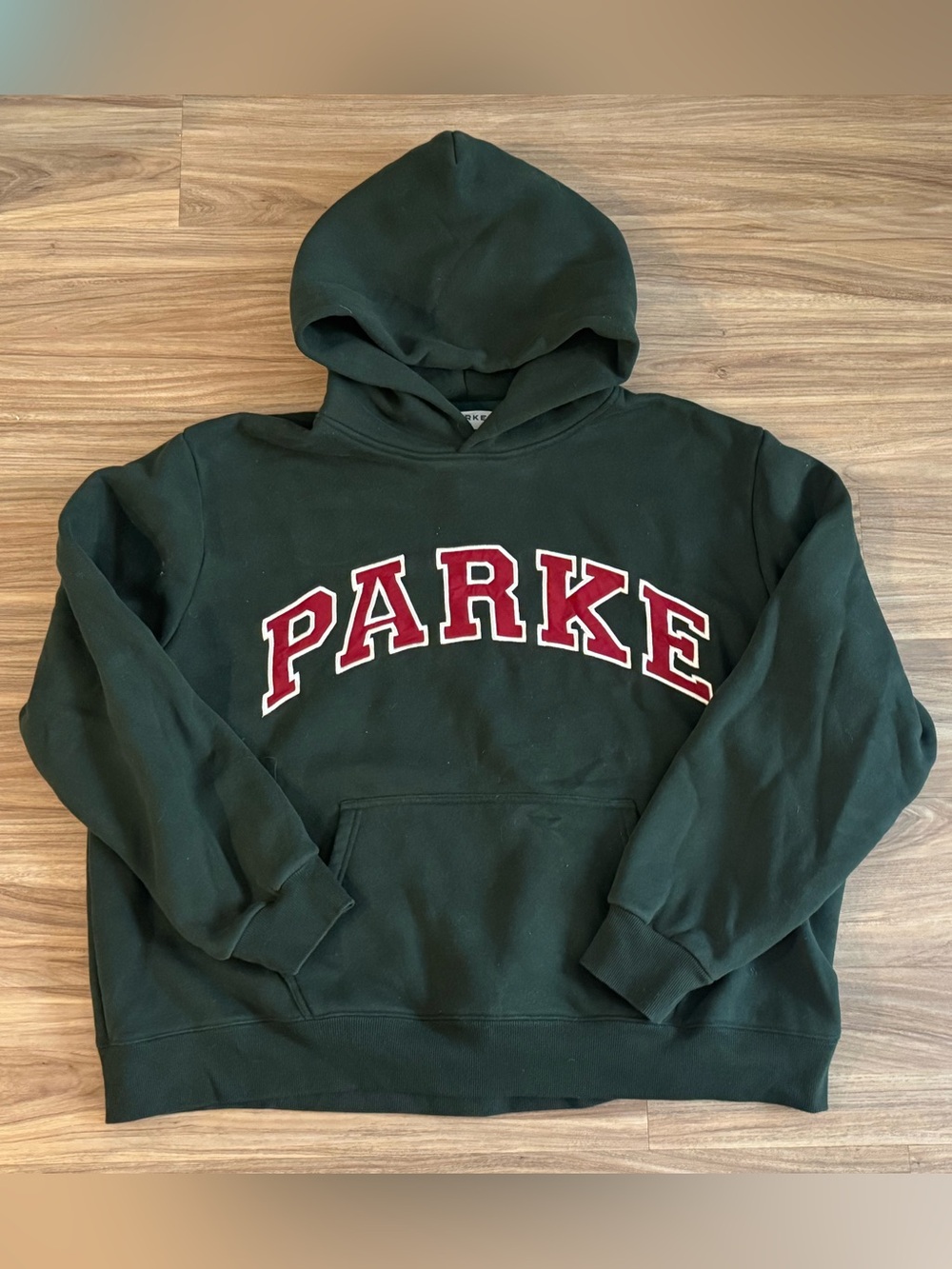 PARKE Dark Green Pullover Hoodie with Red Lettering